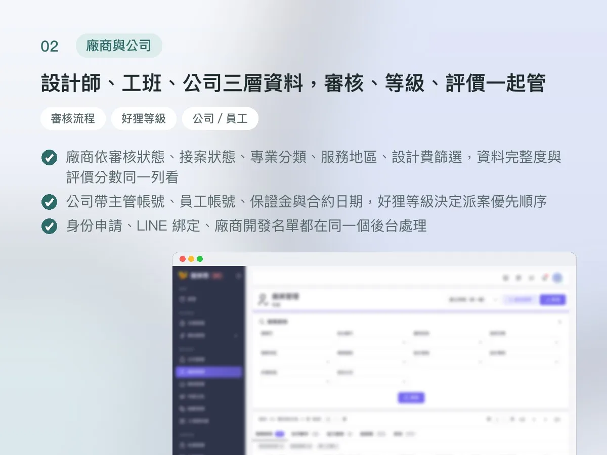 狸樂聚 裝修媒合營運平台（管理後台＋廠商後台） 畫面 2