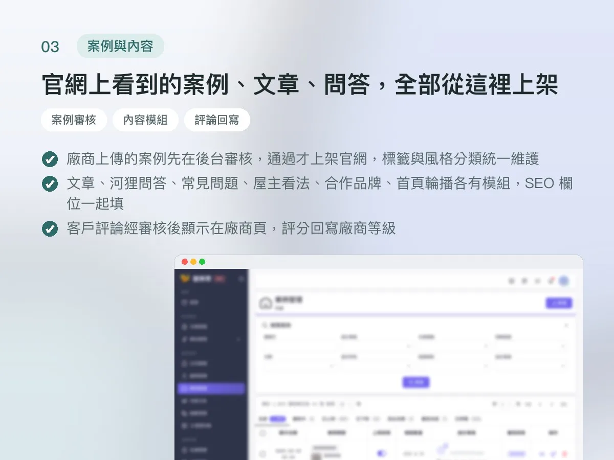 狸樂聚 裝修媒合營運平台（管理後台＋廠商後台） 畫面 3