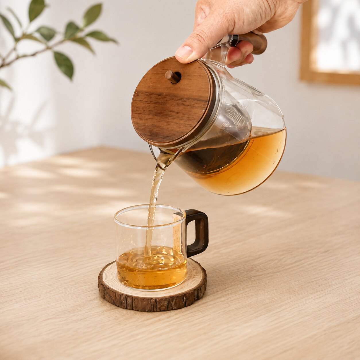 木把玻璃杯｜空杯注入一杯茶 畫面 1