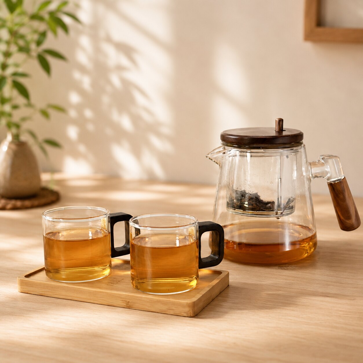 木把玻璃杯｜空杯注入一杯茶 畫面 2